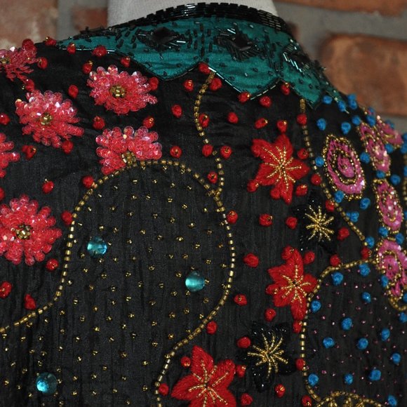 Vtg Frank Usher Heavily Beaded Sequin Silk Multicolor Floral Matador Jacket S - Picture 6 of 10